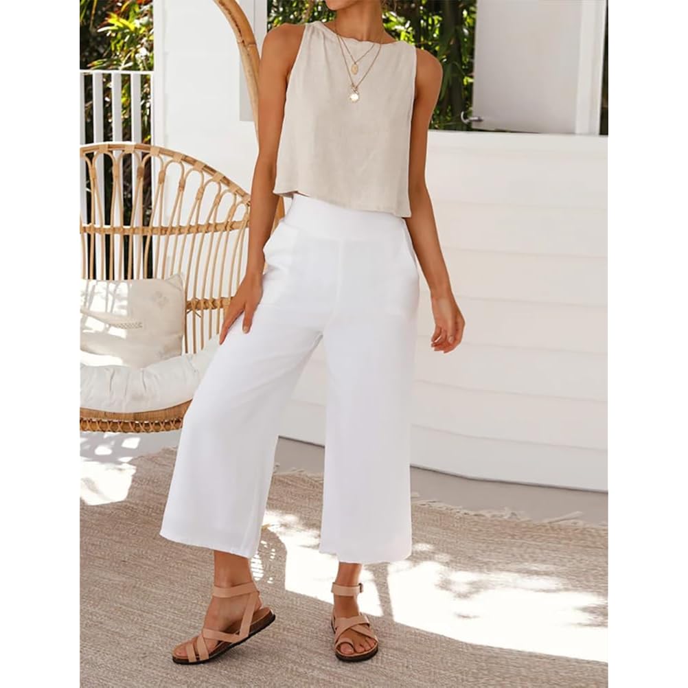 IDEALSANXUN Womens Linen Crop Tank Tops Cute Summer Sleeveless Cropped Linen Tops