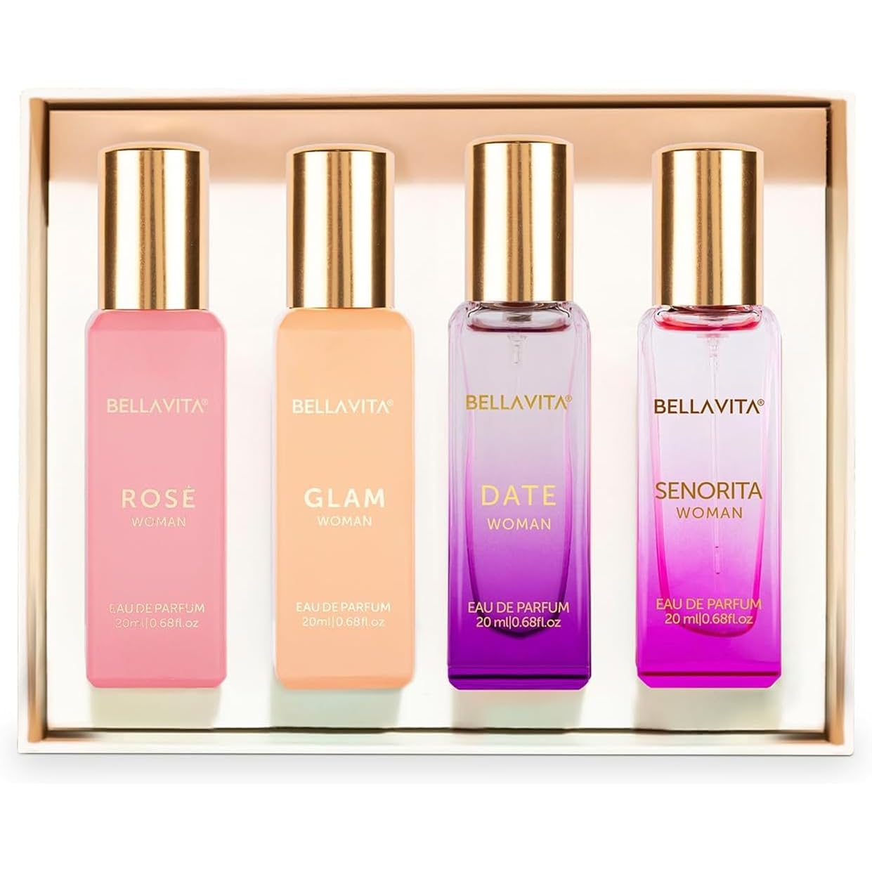 BellaVita Luxury Women's Perfume Gift Set (4x20ml) | Notes of Floral, Sweet, Spicey Red Fruit, Vanilla & Musk | DATE, SENORITA, GLAM & ROSE | French Parfum Collection Gift Set