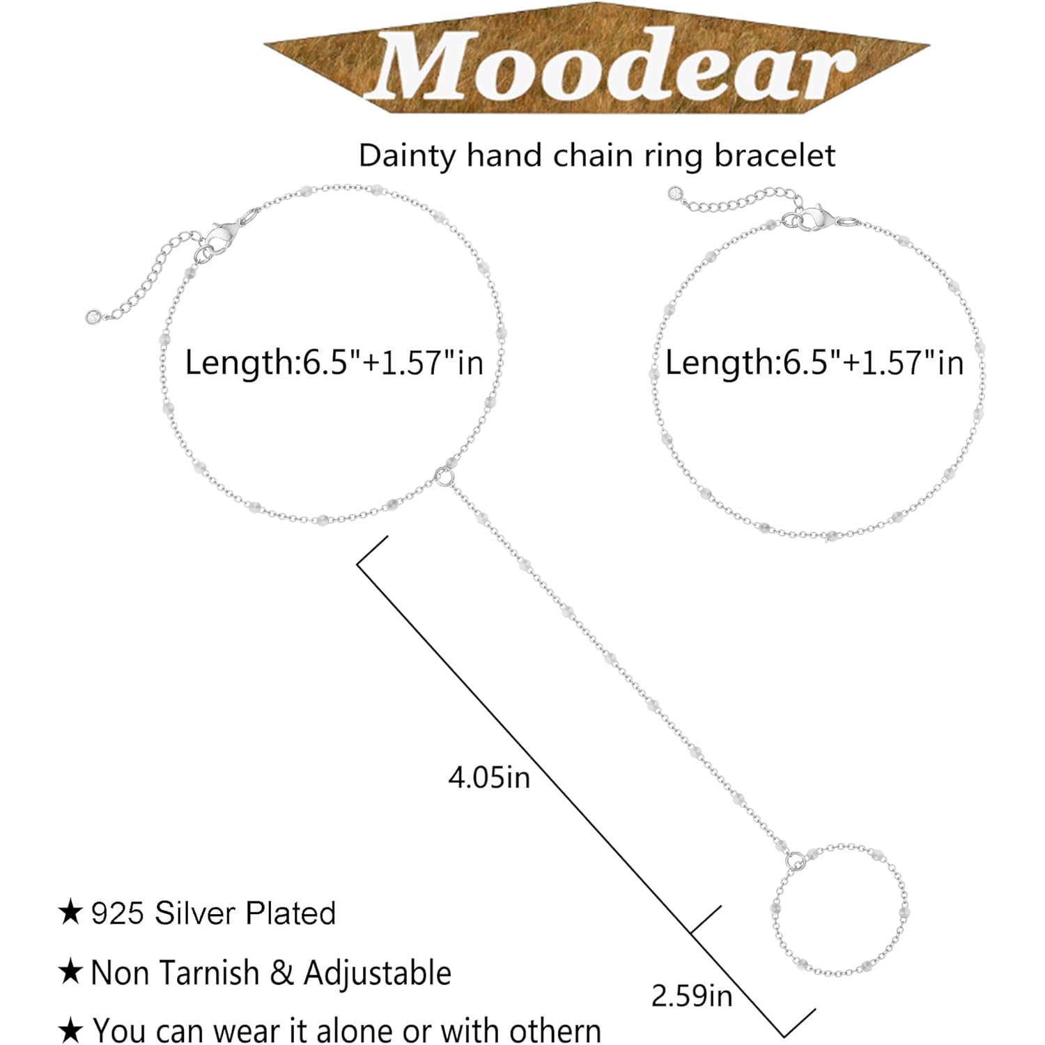 Moodear Sterling Silver Dainty Ring Bracelet Hand Chain for Women - 14K Gold Plated/Sterling Silver Layered Adjustable Satellite Bead Paperclip Dot CZ Link Hand Chain Bracelets Non Tarnish Trendy Jewelry Gift