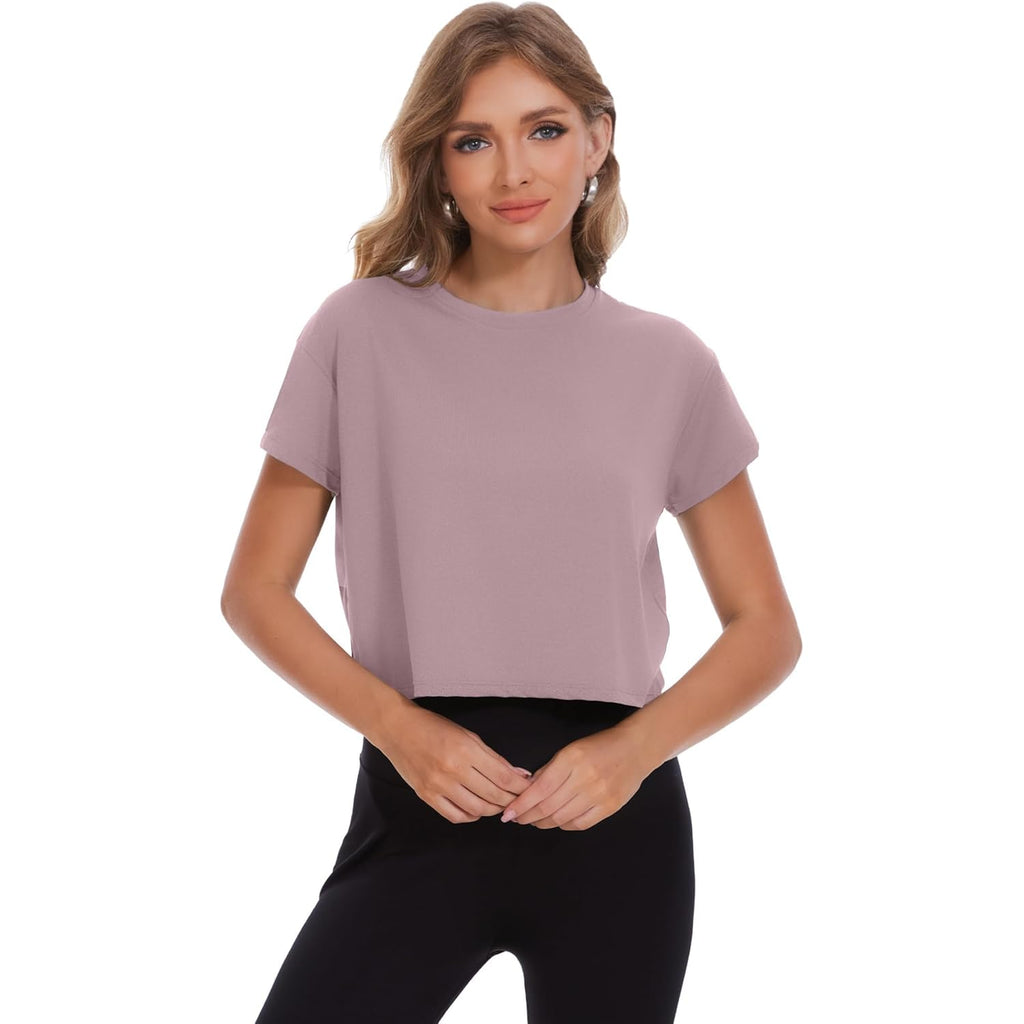 6 Pack Women's Crop Top Short Sleeve Athletic Workout Yoga Running Gym Casual Tees T-Shirts Loose Fit