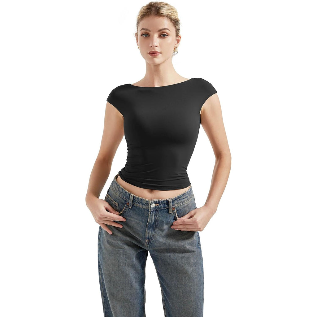 SUUKSESS Women Backless Sexy Going Out Tops Double Lined Open Back Y2k Basic Tee Shirts
