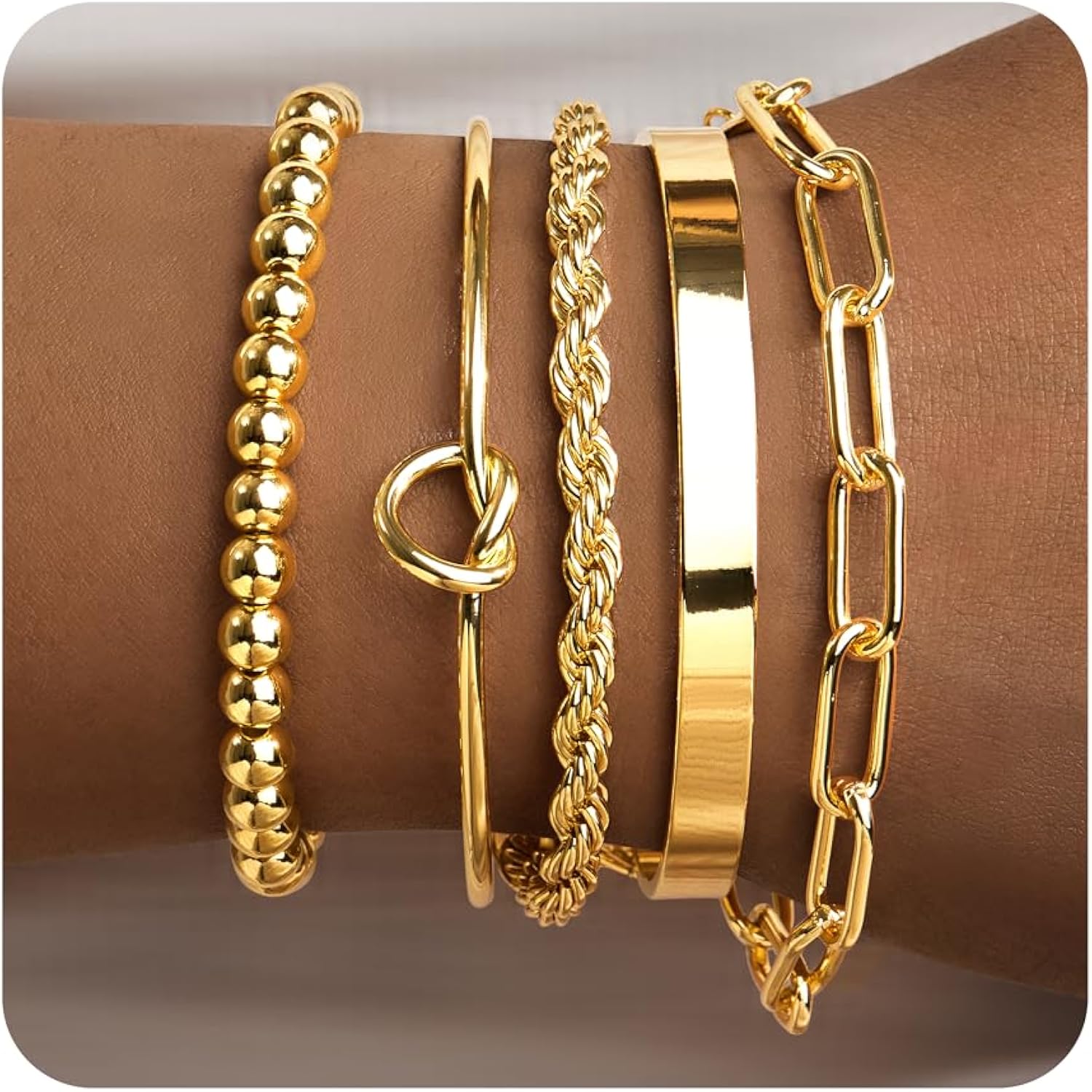 Gold Bracelets for Women Non Tarnish, 14K Gold Plated Chunky Cuff Bracelet Gold Bangles Bracelet for Women Trendy Tie Knot Cuban Rope Paperclip Beaded Bracelet Stack Jewelry Gifts