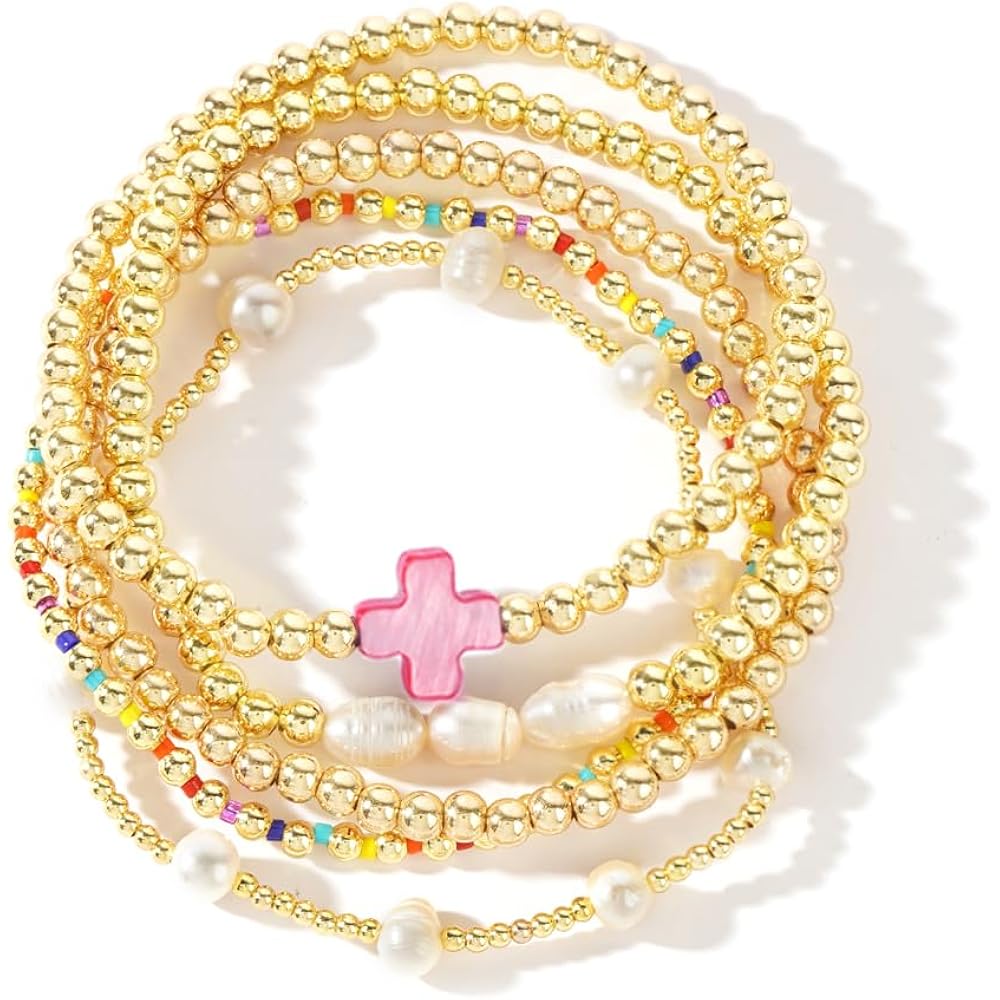14K Gold Pearl Beaded Cross Bracelets Stack Set for Women,Stretch Boho Colorful Christian Beads Ball Jewelry Friendship Summer Trendy Gift