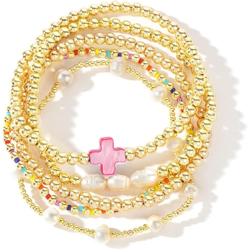 14K Gold Pearl Beaded Cross Bracelets Stack Set for Women,Stretch Boho Colorful Christian Beads Ball Jewelry Friendship Summer Trendy Gift