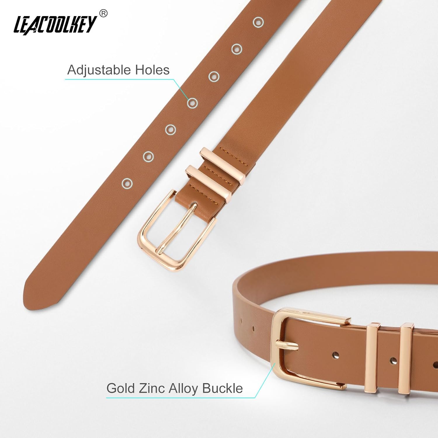LEACOOLKEY 3 Pack Women's Leather Belts for Jeans Dress Pants Fashion Ladies Leather Belts with Gold Buckle
