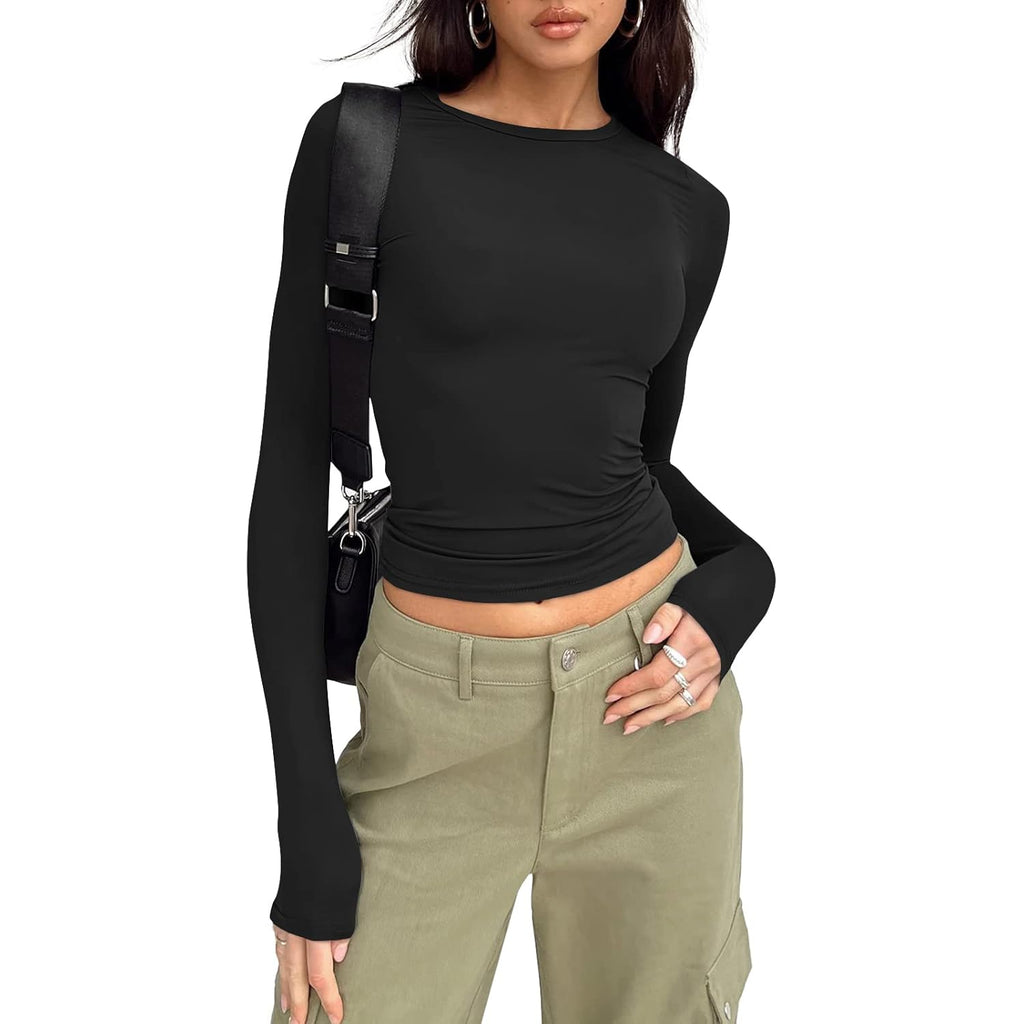 Trendy Queen Womens Long Sleeve Shirts Fall Fashion 2025 Basic Crop Tops Going Out Workout Outfits Y2k Clothes