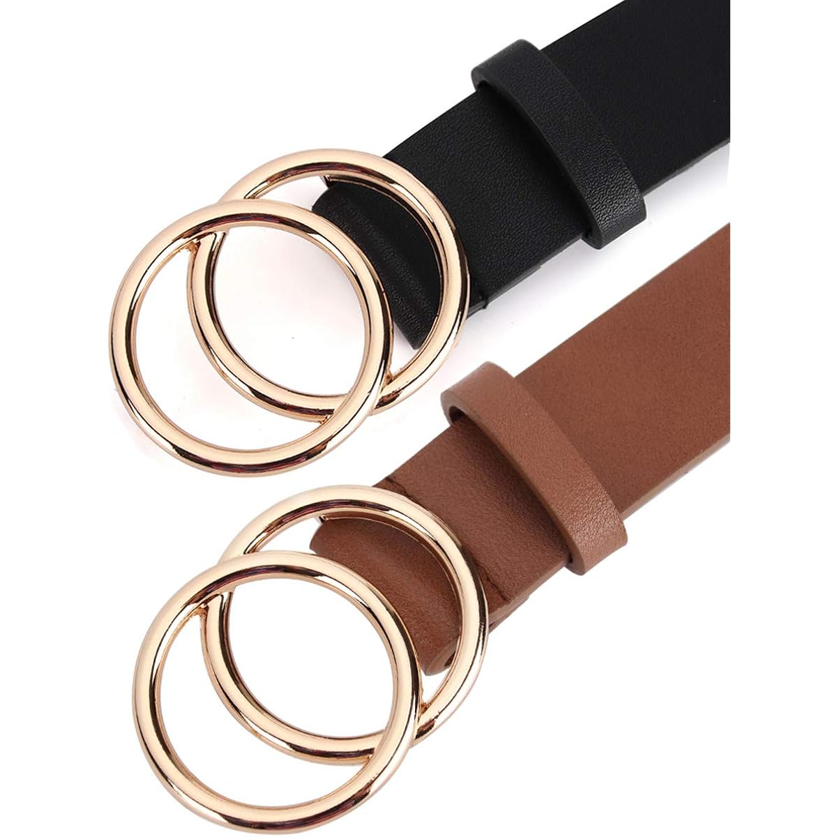 UnFader Pack 2 Women Belts for Jeans with Fashion Double O-Ring Buckle and Faux Leather