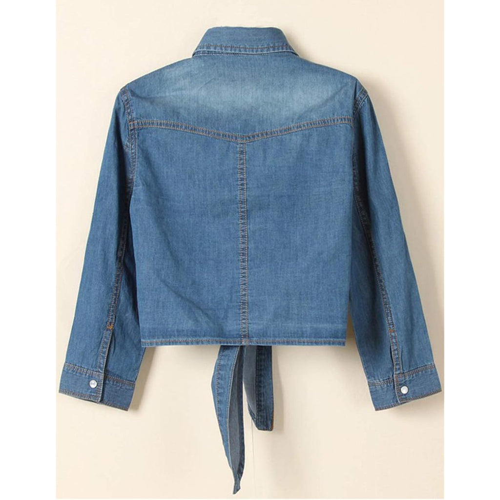 AMEBELLE Women's Roll Up 3/4 Sleeve Tie Front Knot Shirt Chambray Denim Crop Top