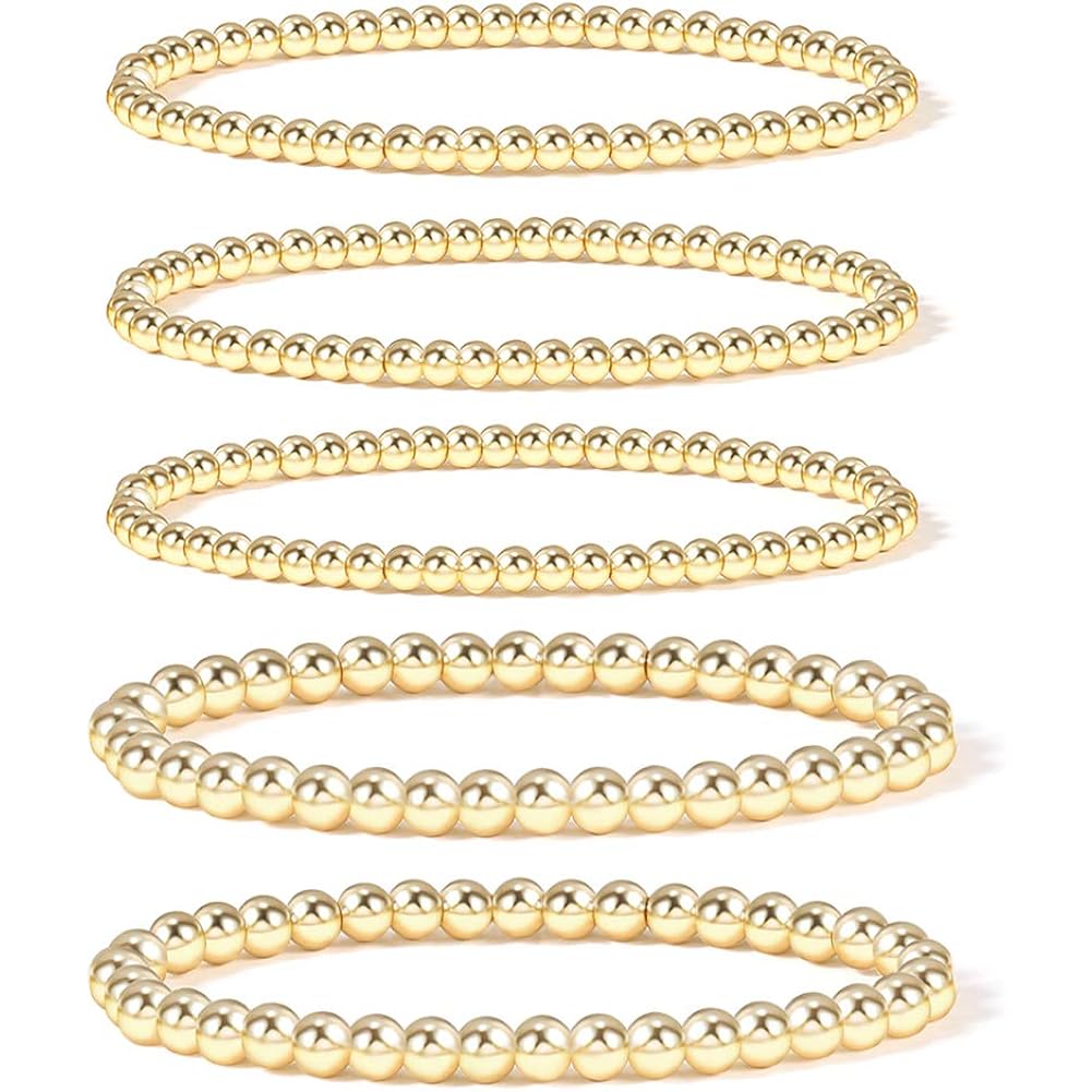 Badu Gold Plate Bead Bracelet for Women 14K Gold Plated Bead Ball Bracelet Stretchable Elastic Hypoallergenic Bohemian Stackable
