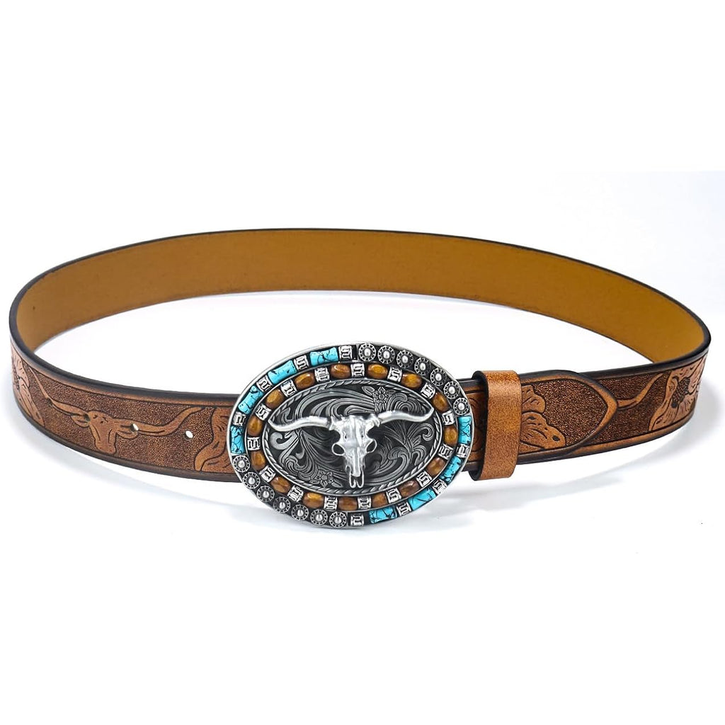 Western-Cowboy-Leather-Belts for Women Turquoise-Oval-Buckle Embossed Cowgirl Belt for Jeans Pants Fit for 27"-41"