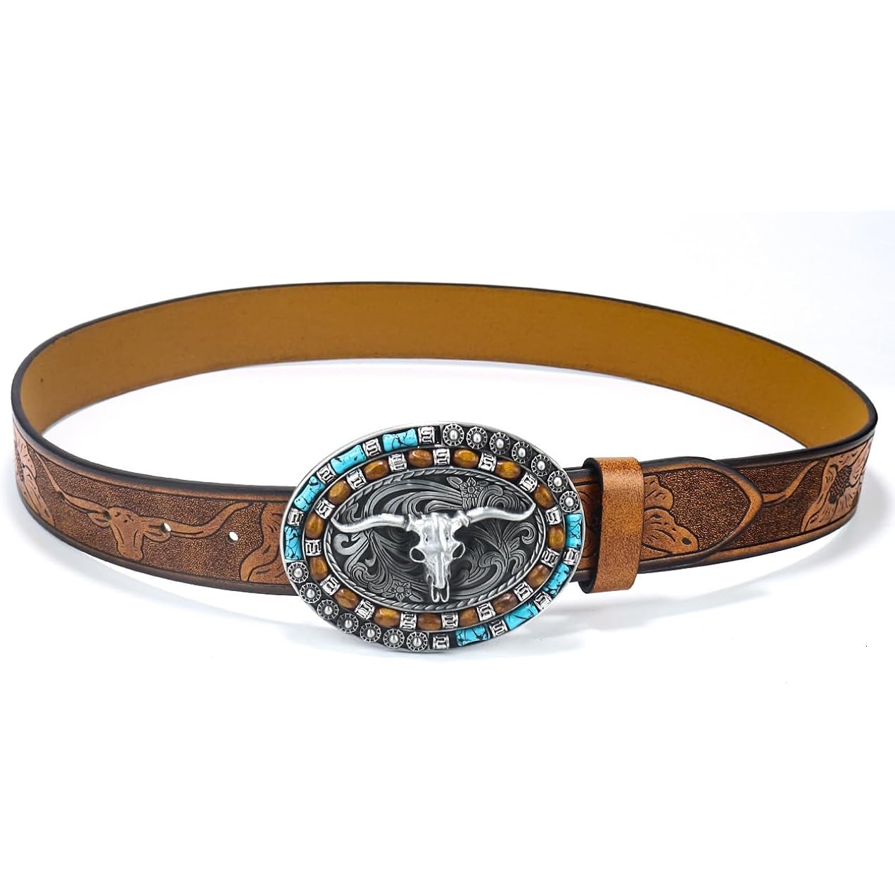 Western-Cowboy-Leather-Belts for Women Turquoise-Oval-Buckle Embossed Cowgirl Belt for Jeans Pants Fit for 27"-41"