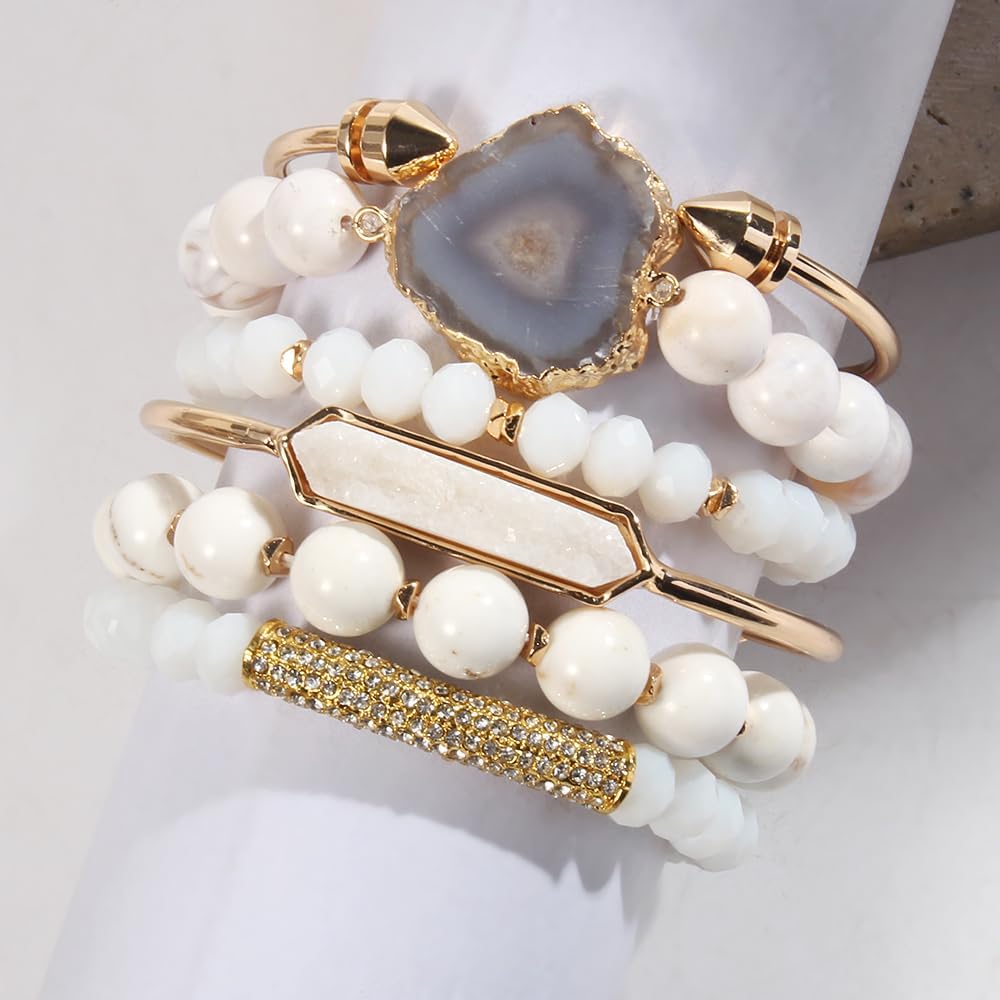Yomisa 5PCS 6PCS Natural Boho Beaded Bracelets/Bangle for Women Men,Healing Turquoise Jasper Agate Crystal Gemstone Stone Chakra Multilayer Wrap Bohemian Handmade Jewelry Beads Stretch Bracelet Set