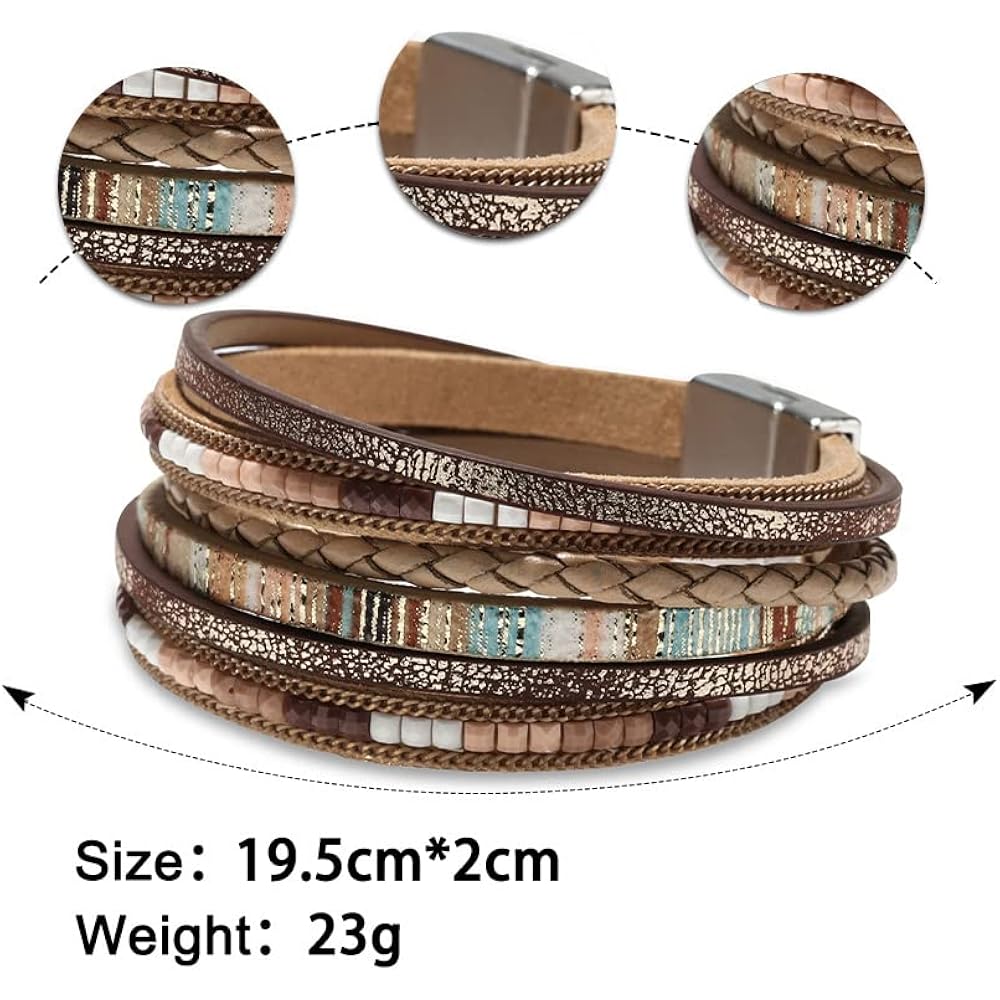 Fesciory Leather Wrap Bracelets for Women, Boho Leopard Multi-Layer Crystal Beads Cuff Bracelet Jewelry