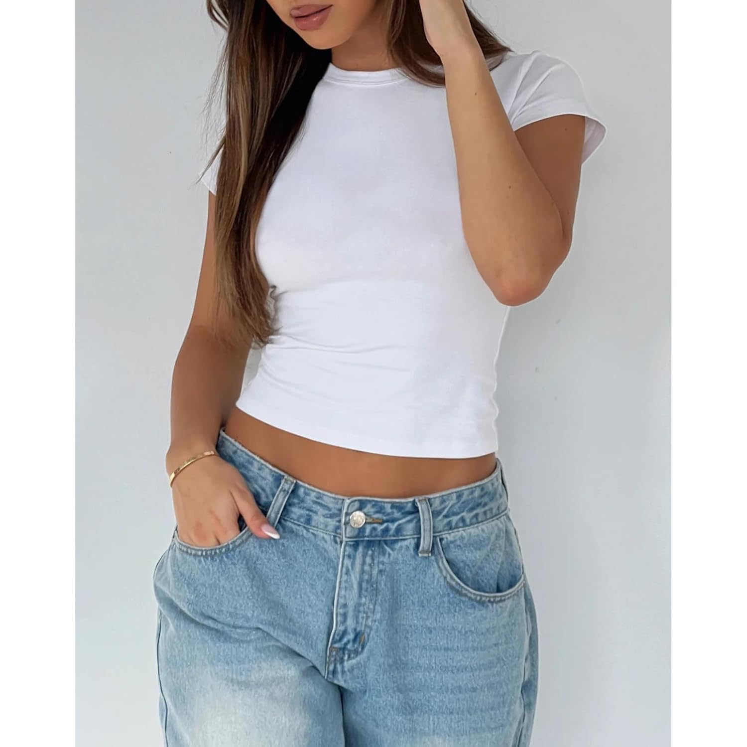 Women's Basic Summer Short Sleeve Crewneck T-Shirts Y2K Cute Going Out Tops Baby Tee