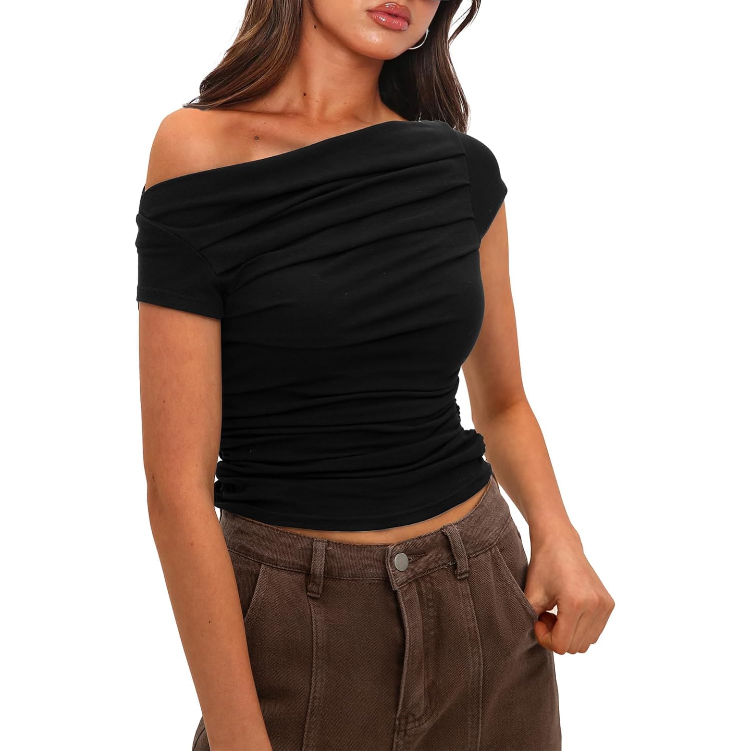 Darong Women's Summer Cap Sleeve Boat Neck Off Shoulder Top Going Out Slim Fit Tops Y2K Tight Shirts