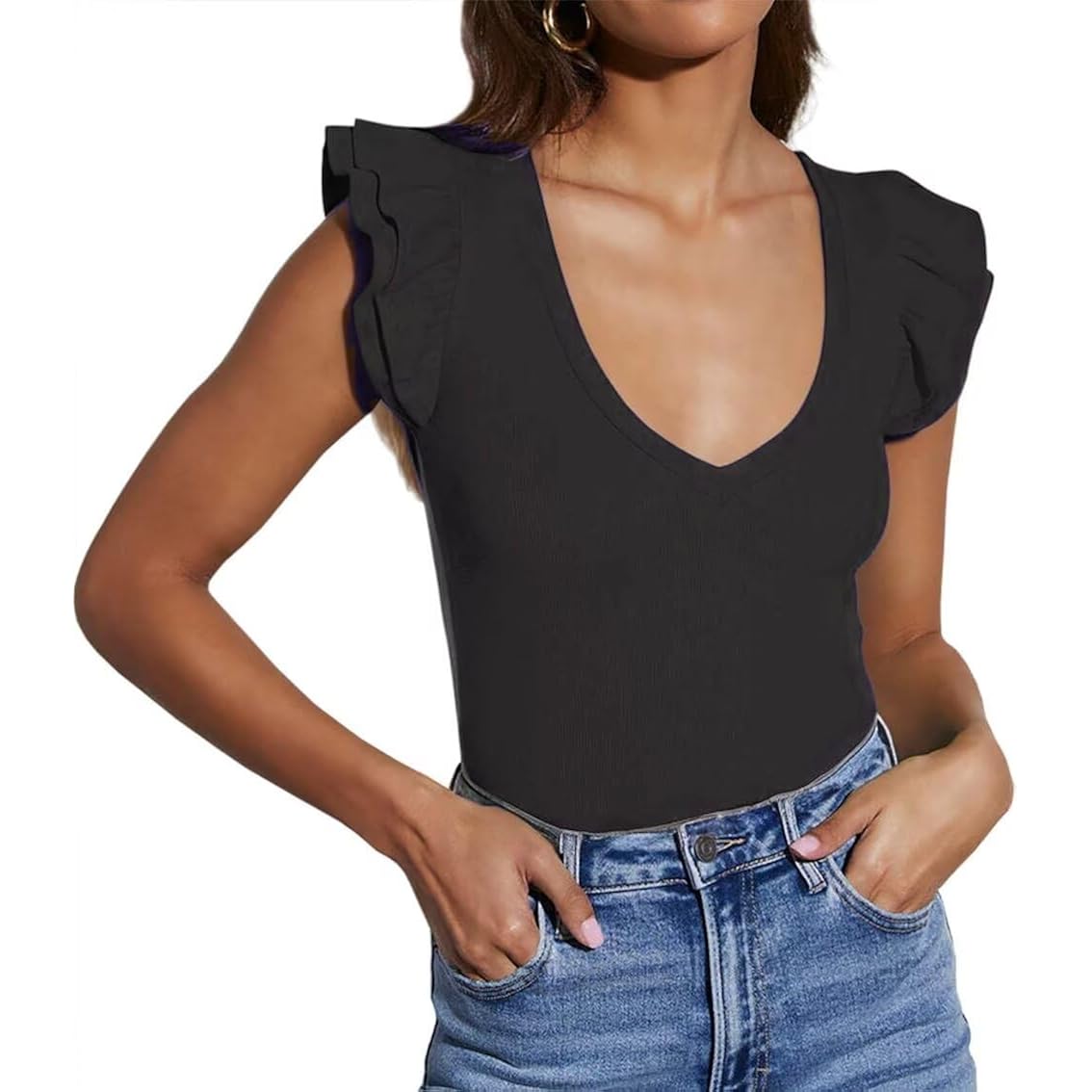 Ezbelle Women's Summer Sleeveless Tops V Neck Ruffle Shirts Ribbed Knit Tank Top Sexy Blouse Ladies Clothes 2025