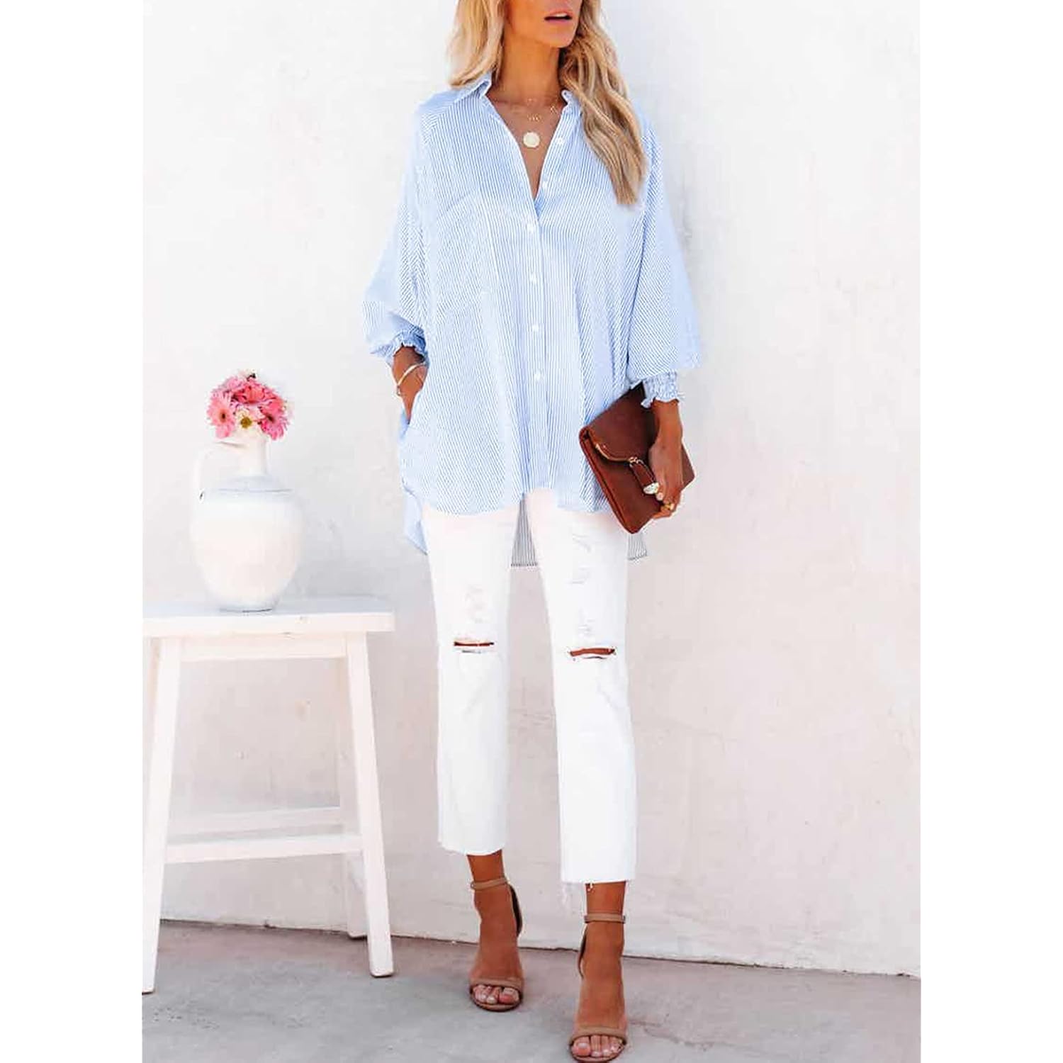 Womens Smocked Cuffed Striped Boyfriend Shirt Casual Collar Long Sleeve Oversized Button Down Blouse Tops with Pocket Shirred
