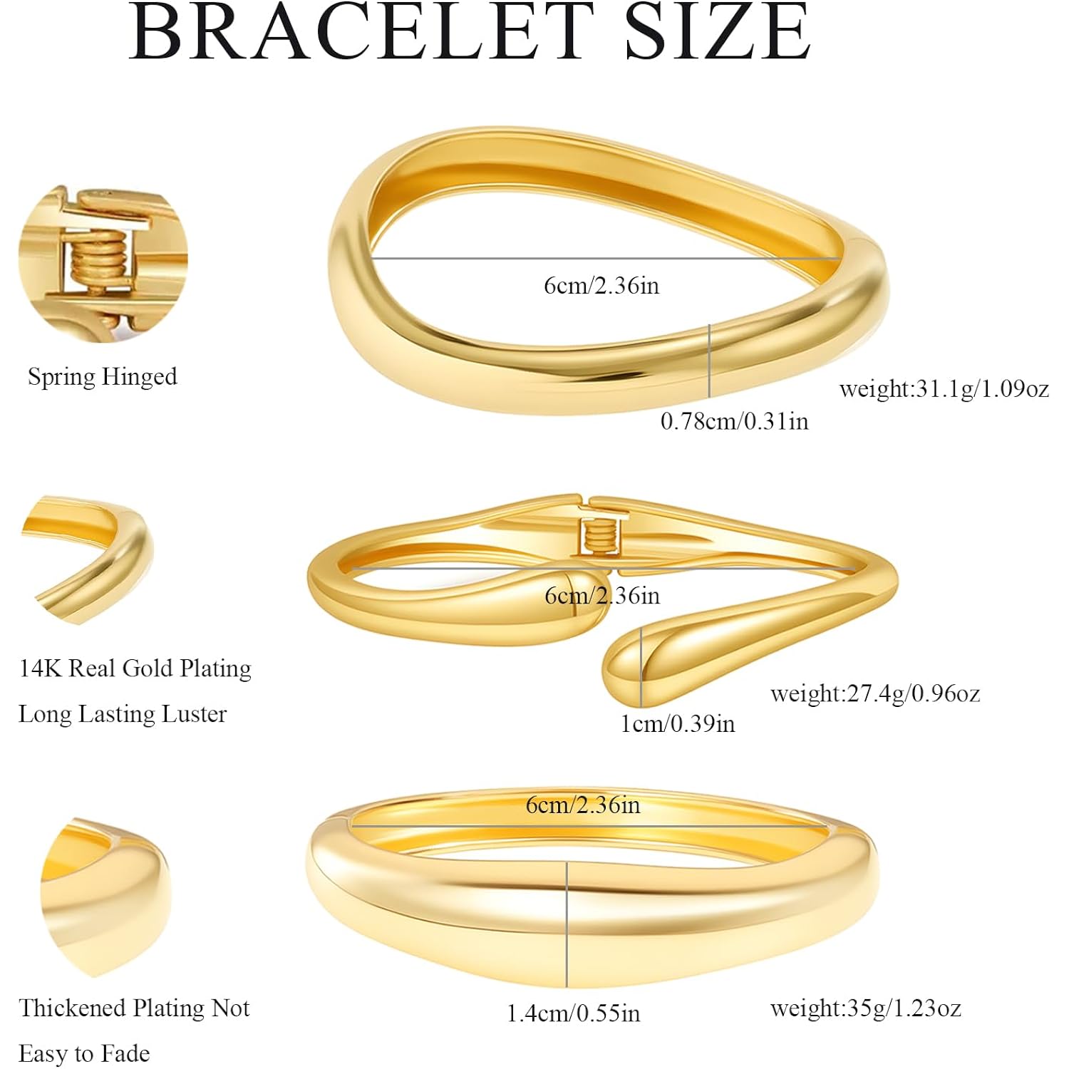 Chunky Gold Bangles for Women, 14k Gold Plated Twisted Hinged Stackable Bangle Bracelet Set, Trendy Cuff Bracelet Stack Fashion Jewelry Gifts
