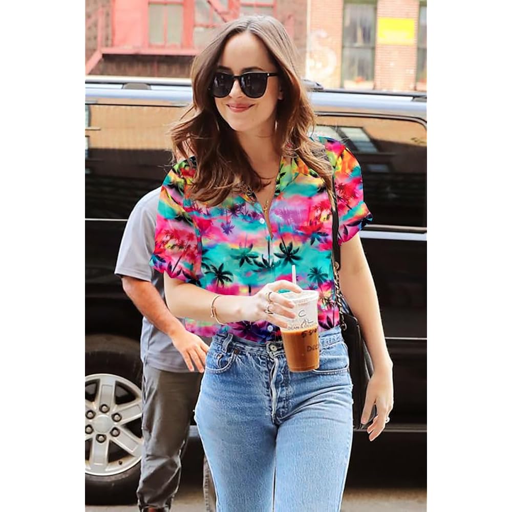 Women Hawaiian Shirt Soft Cool Summer Hawaii Tshirts Beach Tropic Print V Neck Button up Tops Floral Short Sleeve Tops