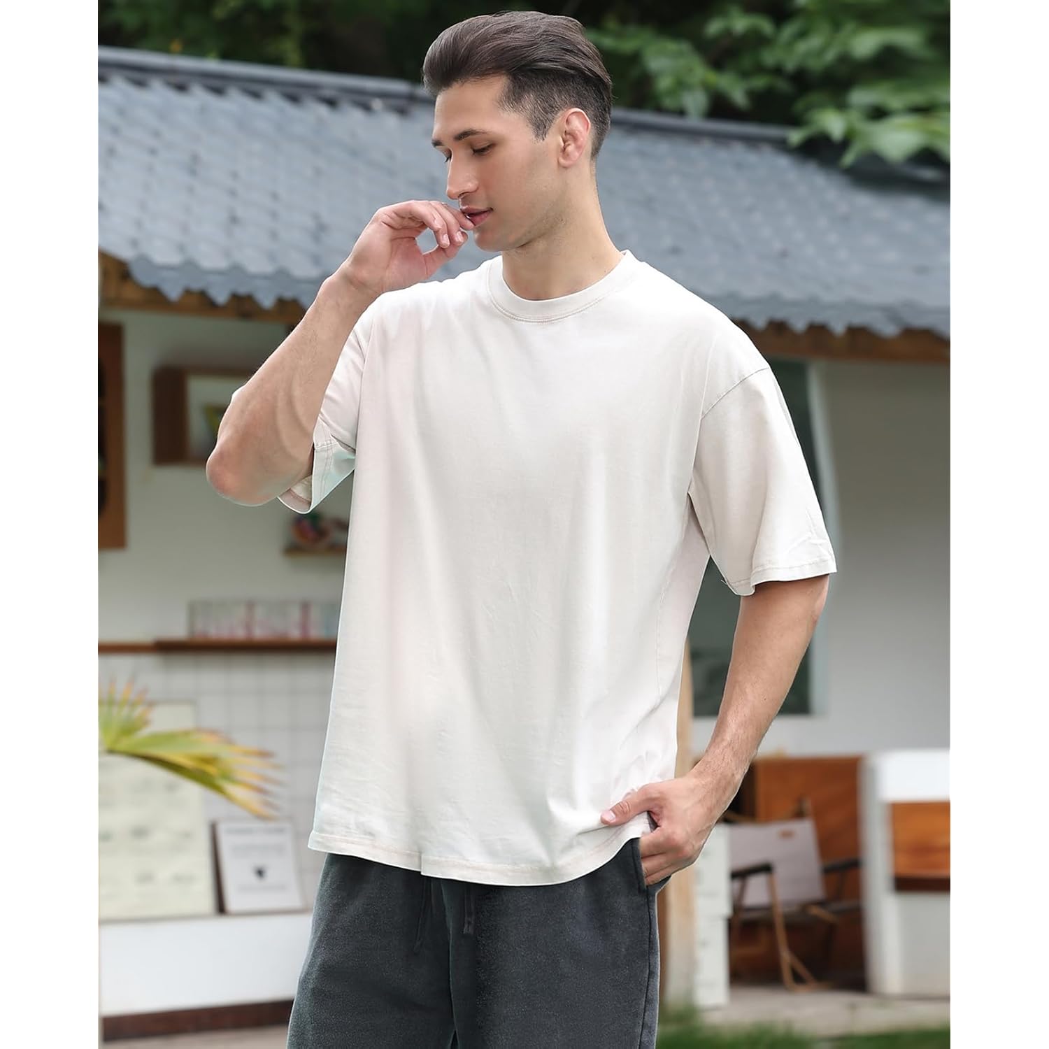 Men's Cotton T-Shirts Oversized Unisex Short Sleeves Casual Loose Wash Solid Basic Tee Tops