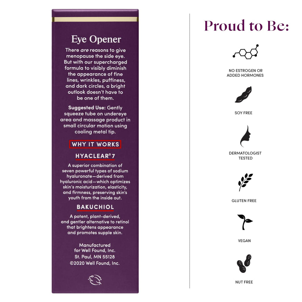 Womaness Eye Opener - Anti Aging, Hydrating, & Moisturizing Under Eye Cream for Dark Circles and Puffiness - With Hyaluronic Acid, Bakuchiol Retinol Alternative, & Firming Red Algae Extract – 15ml