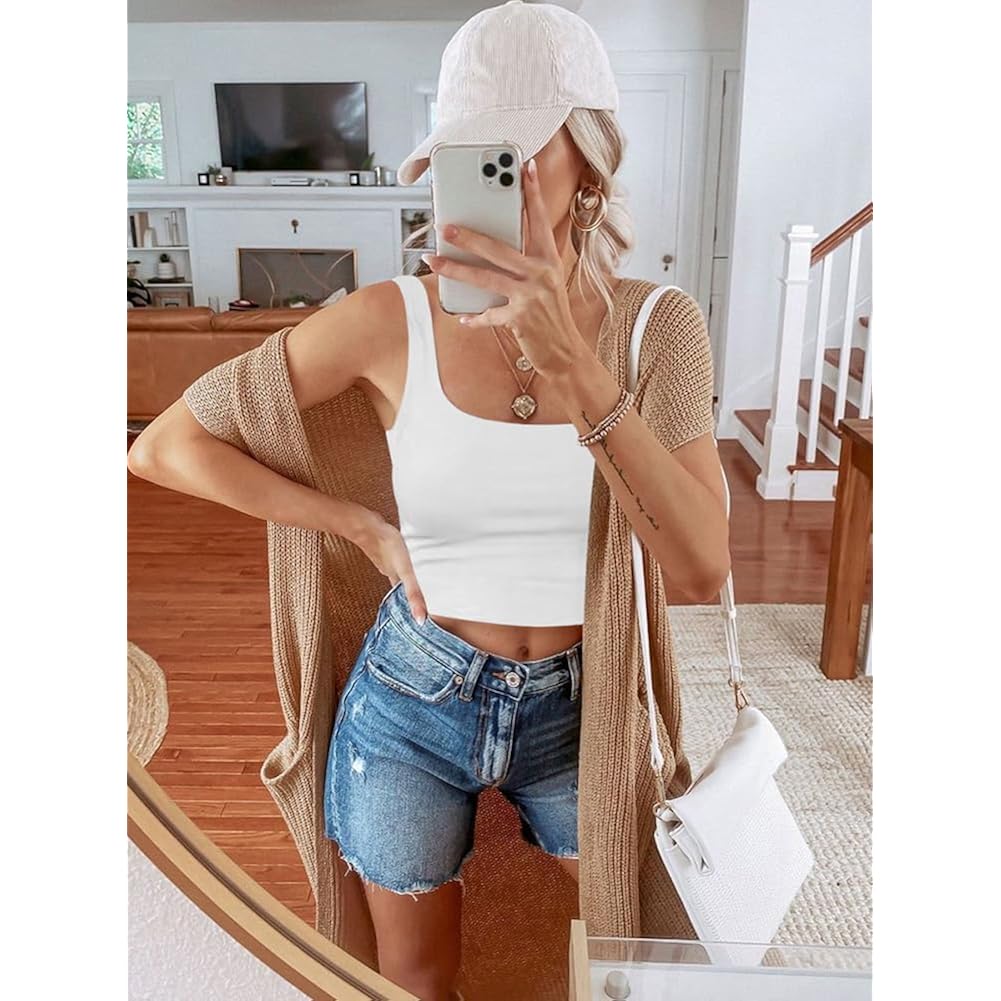 REORIA Women’s Sexy Square Neck Double Lined Seamless Sleeveless Cropped Tank Yoga Crop Basic Tops