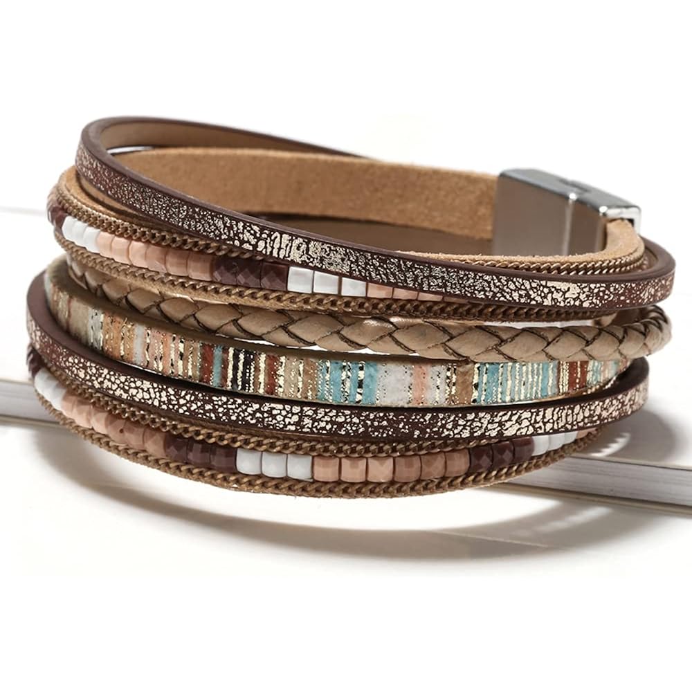 Fesciory Leather Wrap Bracelets for Women, Boho Leopard Multi-Layer Crystal Beads Cuff Bracelet Jewelry