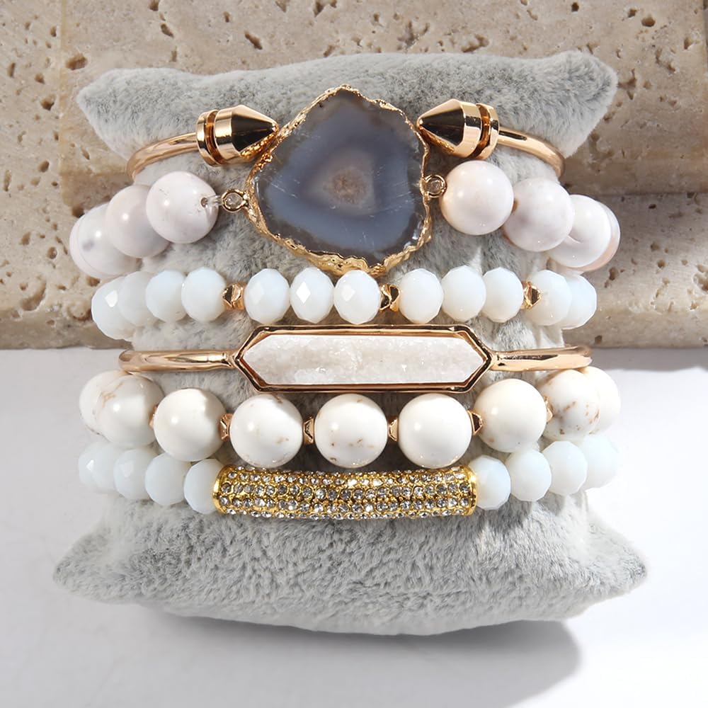 Yomisa 5PCS 6PCS Natural Boho Beaded Bracelets/Bangle for Women Men,Healing Turquoise Jasper Agate Crystal Gemstone Stone Chakra Multilayer Wrap Bohemian Handmade Jewelry Beads Stretch Bracelet Set