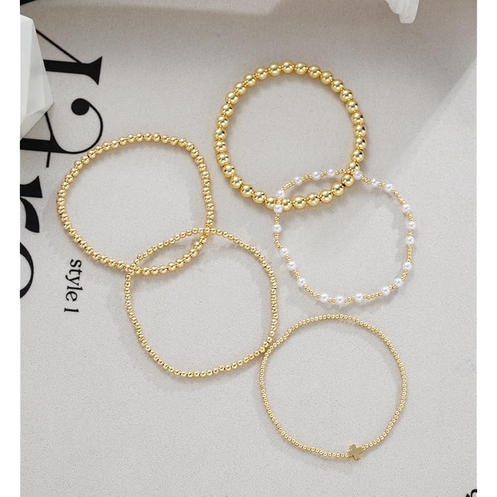 Gold Beaded Bracelets for Women, 14K Real Gold Plated Jewelry for Women Dainty Pearl Bead Bracelets Stack, Non Tarnish Trendy Stackable Ball Cross Stretch Bracelet Set Fashion Accessories Gifts for Women