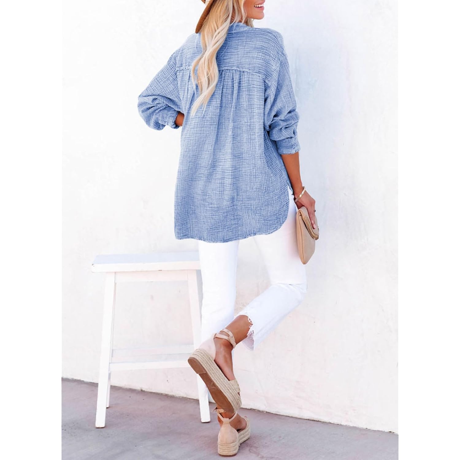 Dokotoo Womens Casual Button V Neck Long Sleeve Shirts Oversized Solid Blouses Tops