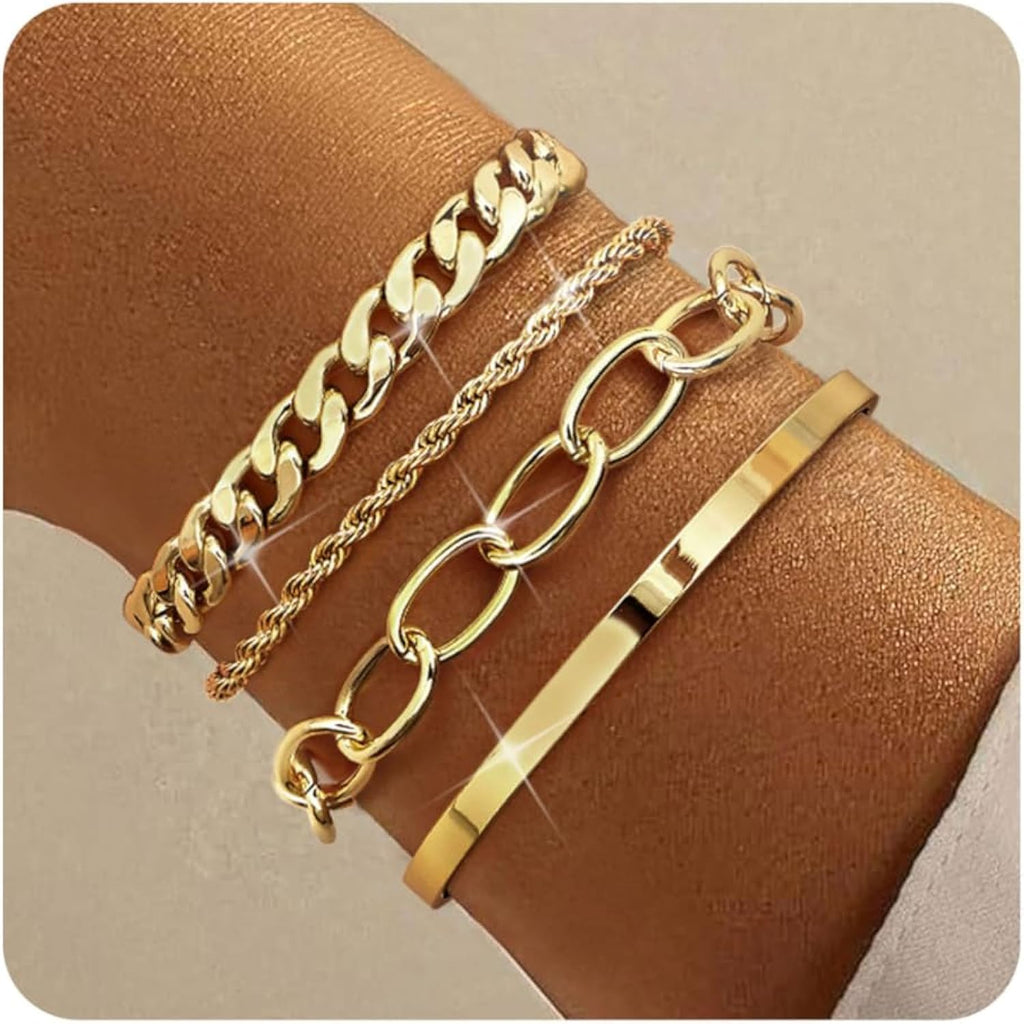 TEN MIRO 16k Chunky Gold Bracelets for Women Non Tarnish, Womens Gold Bracelet Stack Layered Chunky Chain Bracelets Waterproof Link Cuff Herringbone Bracelet Mothers' Day Jewelry Gifts