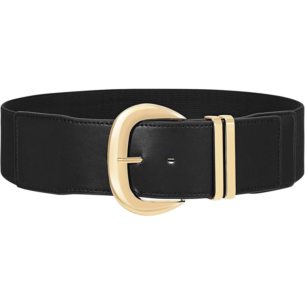 WHIPPY Women Wide Elastic Waist Belt for Dresses Fashion Gold Buckle Stretchy Leather Waistband for Ladies