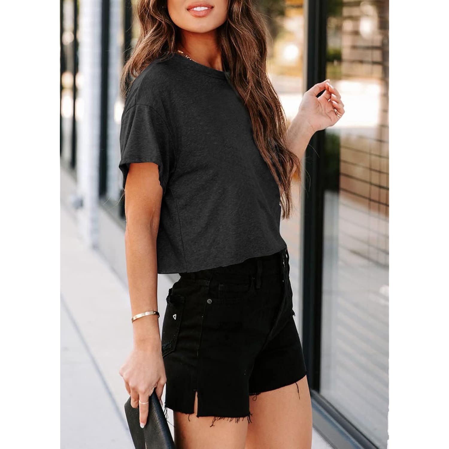 Tankaneo Women Short Sleeve Cropped T-Shirts Crew Neck Loose Crop Tops Summer Casual Drop Shoulder Basic Tees