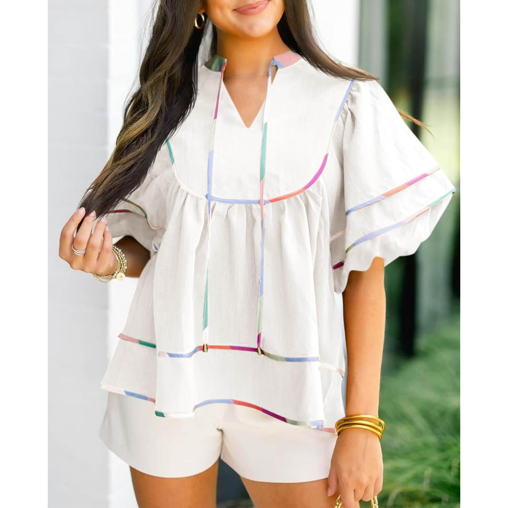 Cicy Bell Womens Summer Babydoll Tops V Neck Short Lantern Sleeve Shirts Cute Loose Fit Peplum Flowy Blouses