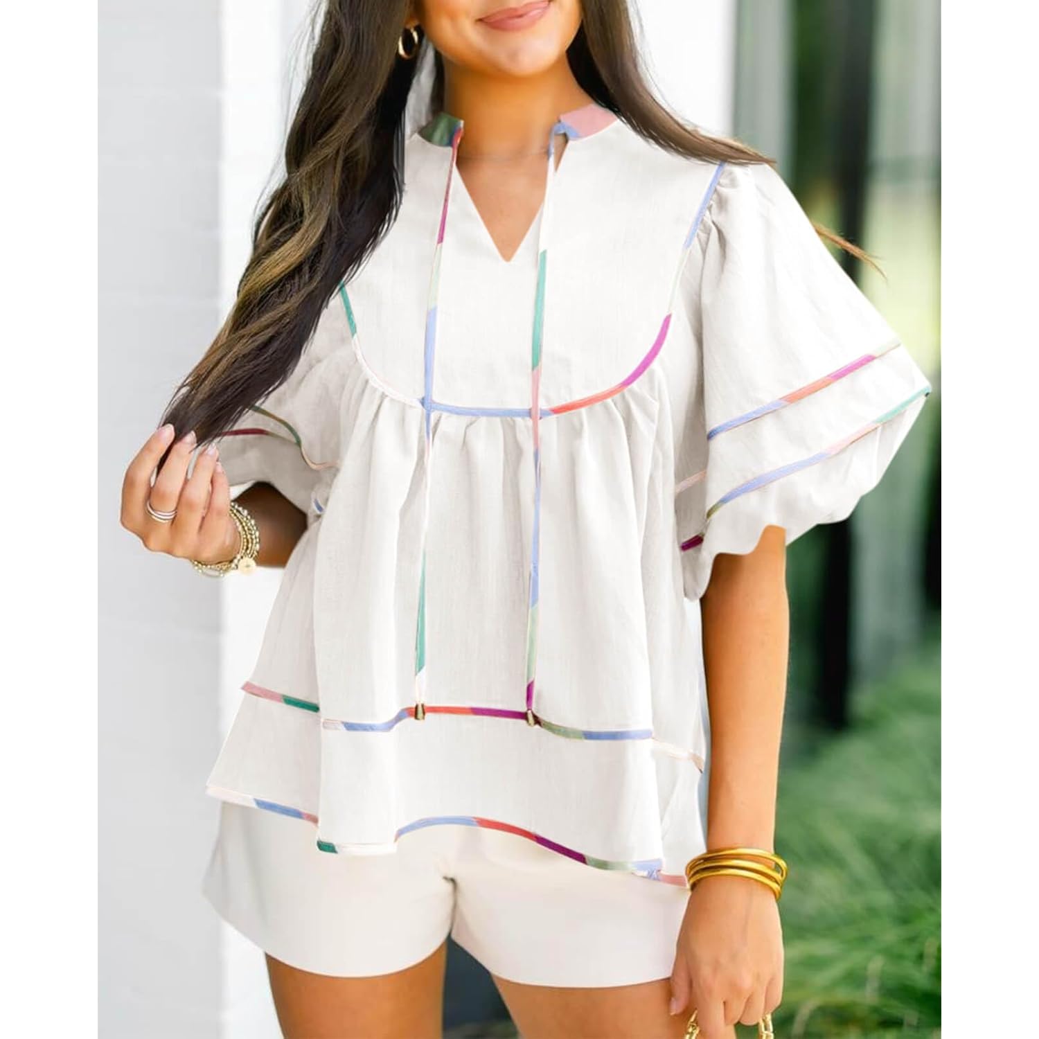 Cicy Bell Womens Summer Babydoll Tops V Neck Short Lantern Sleeve Shirts Cute Loose Fit Peplum Flowy Blouses