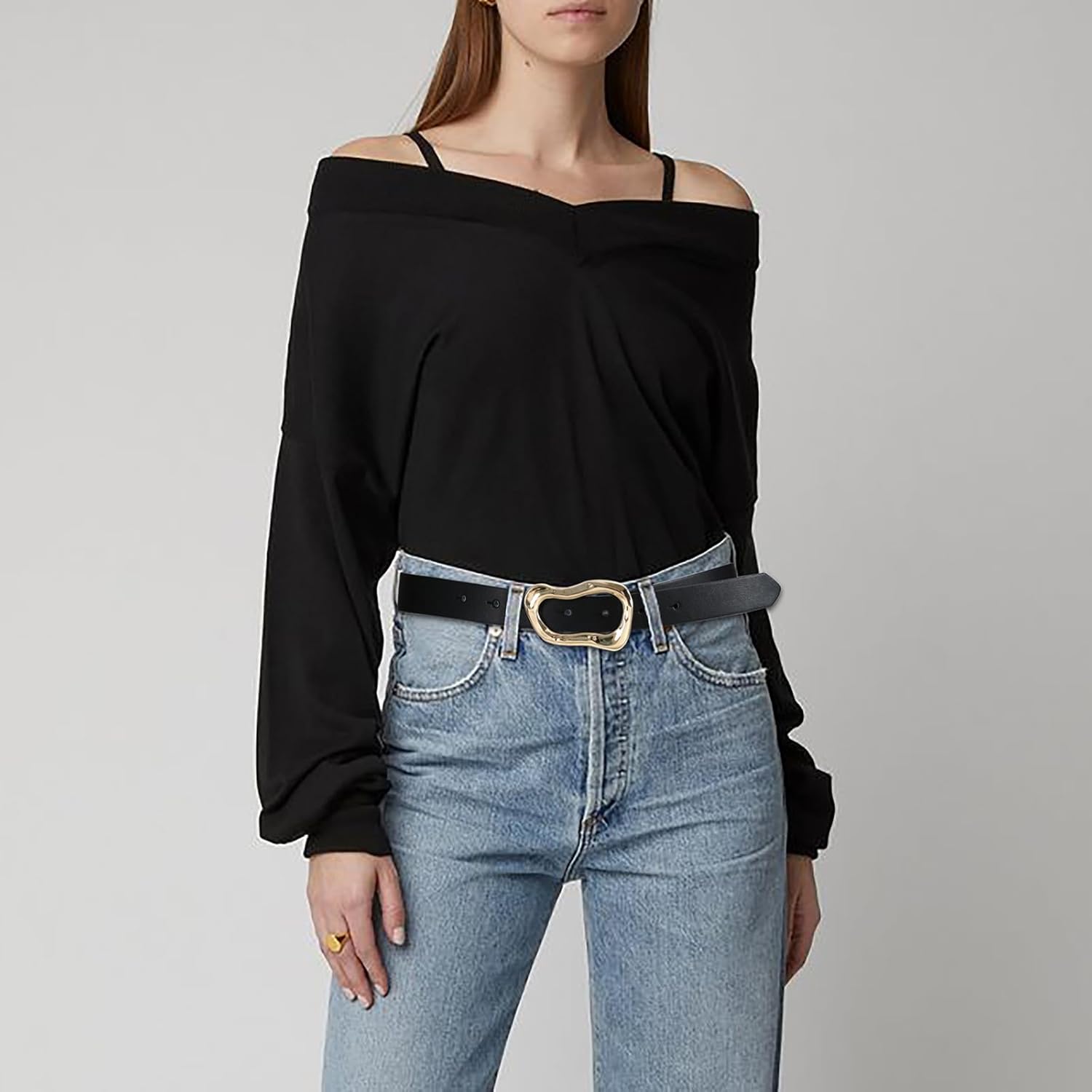 Black Belt for Women Stylish Gold Buckle Fashion Leather Waist Belt Perfect for Jeans and Dresses