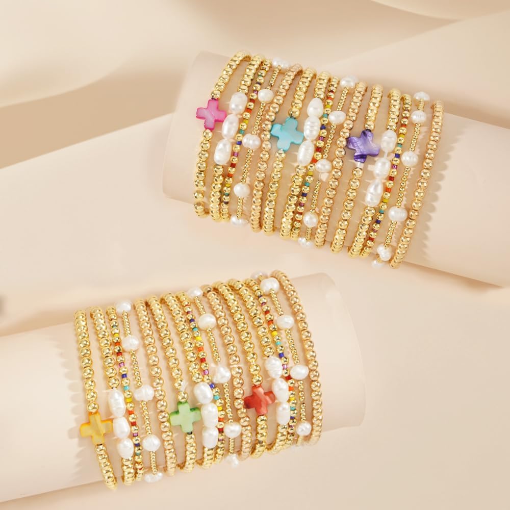 14K Gold Pearl Beaded Cross Bracelets Stack Set for Women,Stretch Boho Colorful Christian Beads Ball Jewelry Friendship Summer Trendy Gift