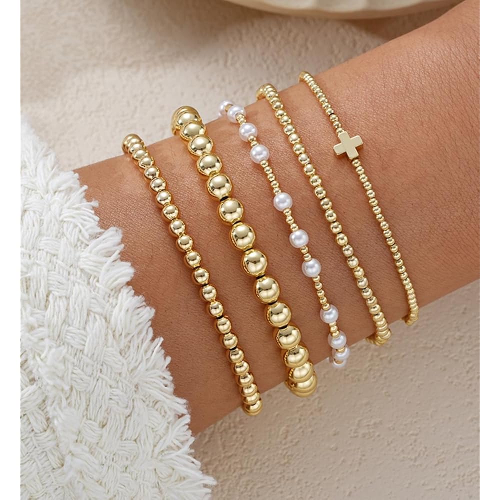 Gold Beaded Bracelets for Women, 14K Real Gold Plated Jewelry for Women Dainty Pearl Bead Bracelets Stack, Non Tarnish Trendy Stackable Ball Cross Stretch Bracelet Set Fashion Accessories Gifts for Women