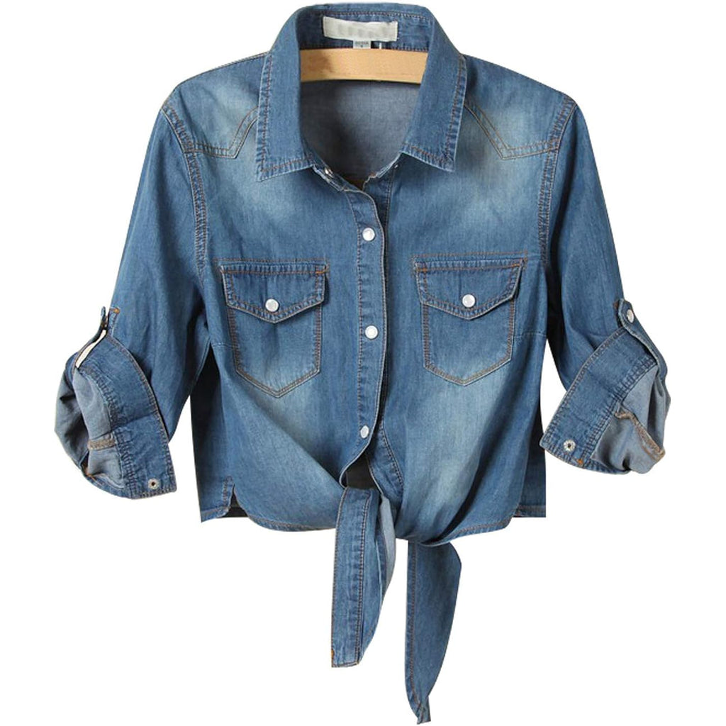 AMEBELLE Women's Roll Up 3/4 Sleeve Tie Front Knot Shirt Chambray Denim Crop Top