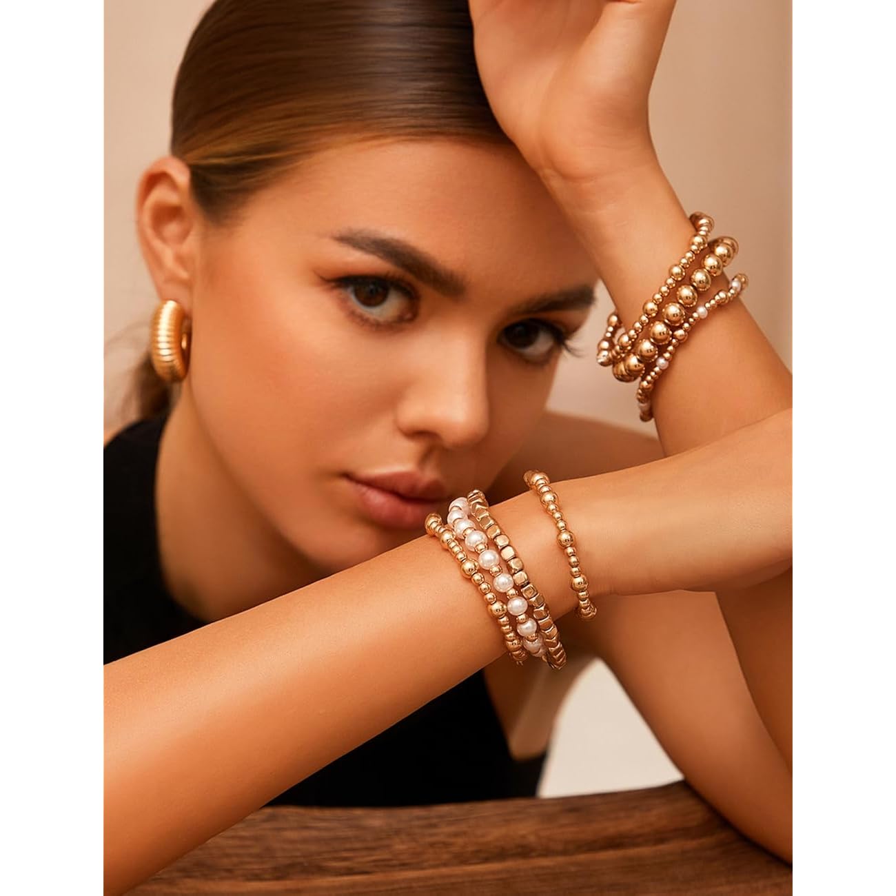 KISS WIFE Gold Bracelets for Women Gold Bracelet Stack Pearl Beaded Bracelets for Women Strand Bead Ball Stretchable Elastic Bracelet Set Adjustable Fashion Accessories Jewelry for Gifts (Beads and Pearls)