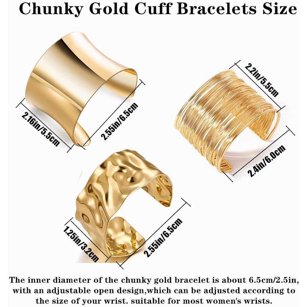 3PCS Gold Chunky Cuff Bracelets for Women Irregular Minimalist Statement Bangle Bracelets Set Open Wide Bangle Arm Cuff Upper Arm Punk Jewelry