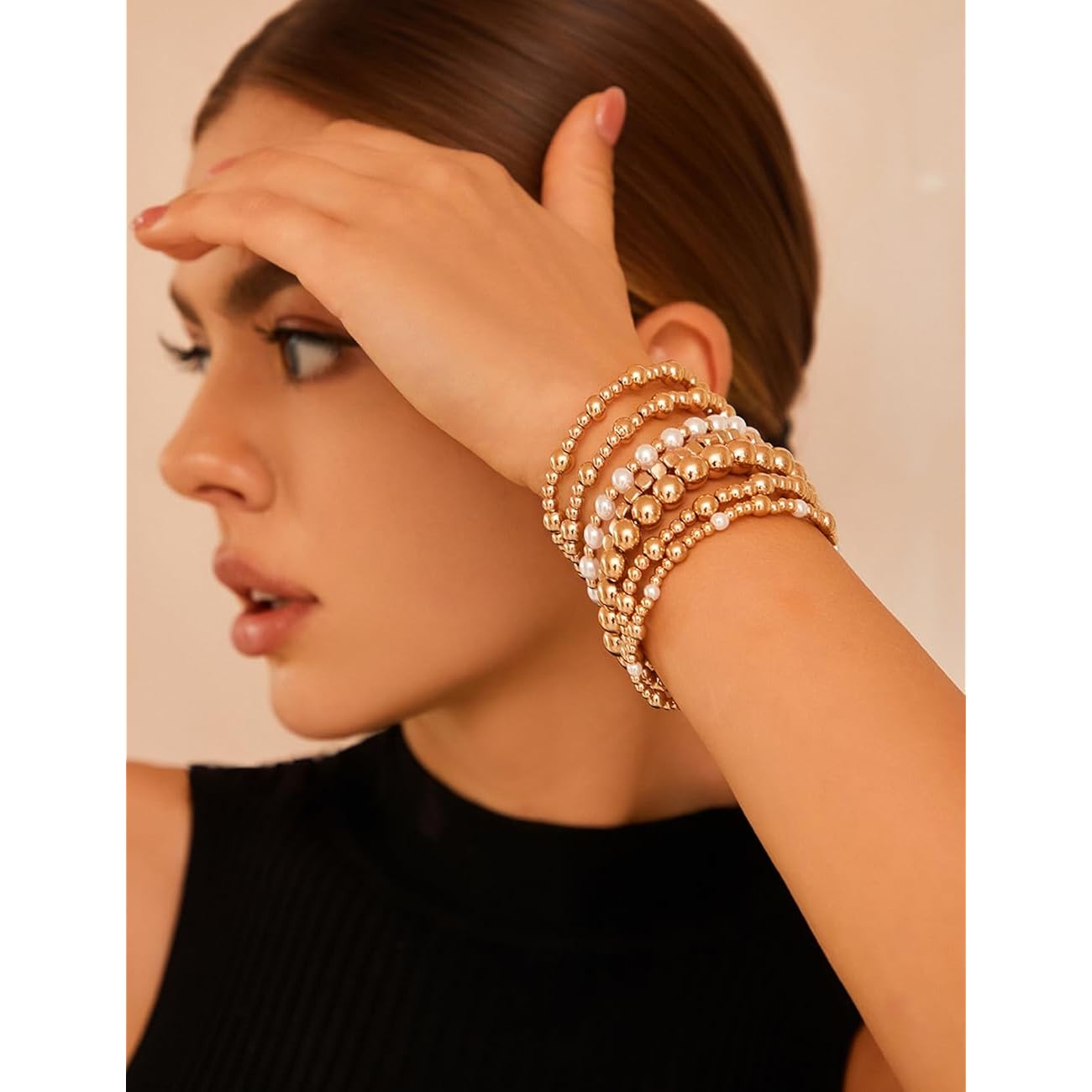 KISS WIFE Gold Bracelets for Women Gold Bracelet Stack Pearl Beaded Bracelets for Women Strand Bead Ball Stretchable Elastic Bracelet Set Adjustable Fashion Accessories Jewelry for Gifts (Beads and Pearls)