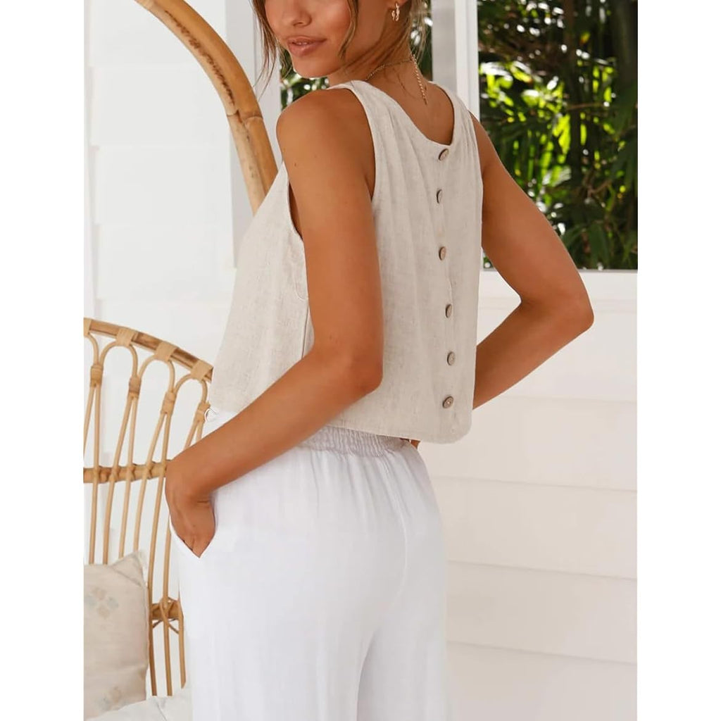 IDEALSANXUN Womens Linen Crop Tank Tops Cute Summer Sleeveless Cropped Linen Tops