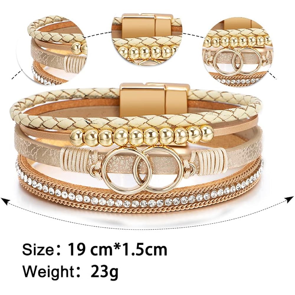 Fesciory Leopard Bracelet for Women, Boho Leather Wrap Multi-Layer Pearl Crystal Bracelet Bangle Jewelry