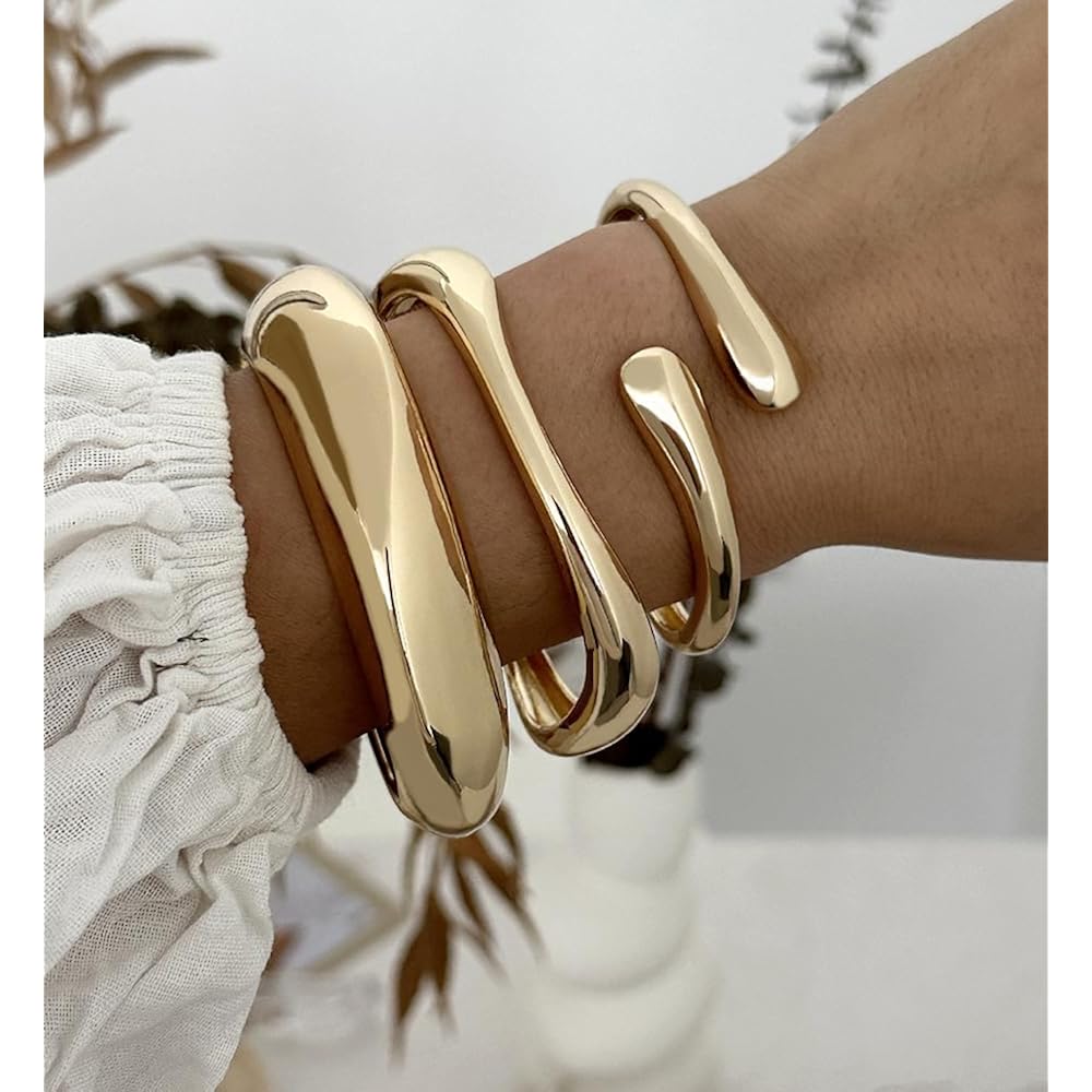 Chunky Gold Bangle Bracelets for Women, Dainty 14k Gold Plated Big Stackable Bangles Set, Trendy Cuff Bracelet Stack Fashion Jewelry Gifts