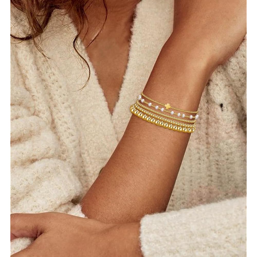 Gold Beaded Bracelets for Women, 14K Real Gold Plated Jewelry for Women Dainty Pearl Bead Bracelets Stack, Non Tarnish Trendy Stackable Ball Cross Stretch Bracelet Set Fashion Accessories Gifts for Women
