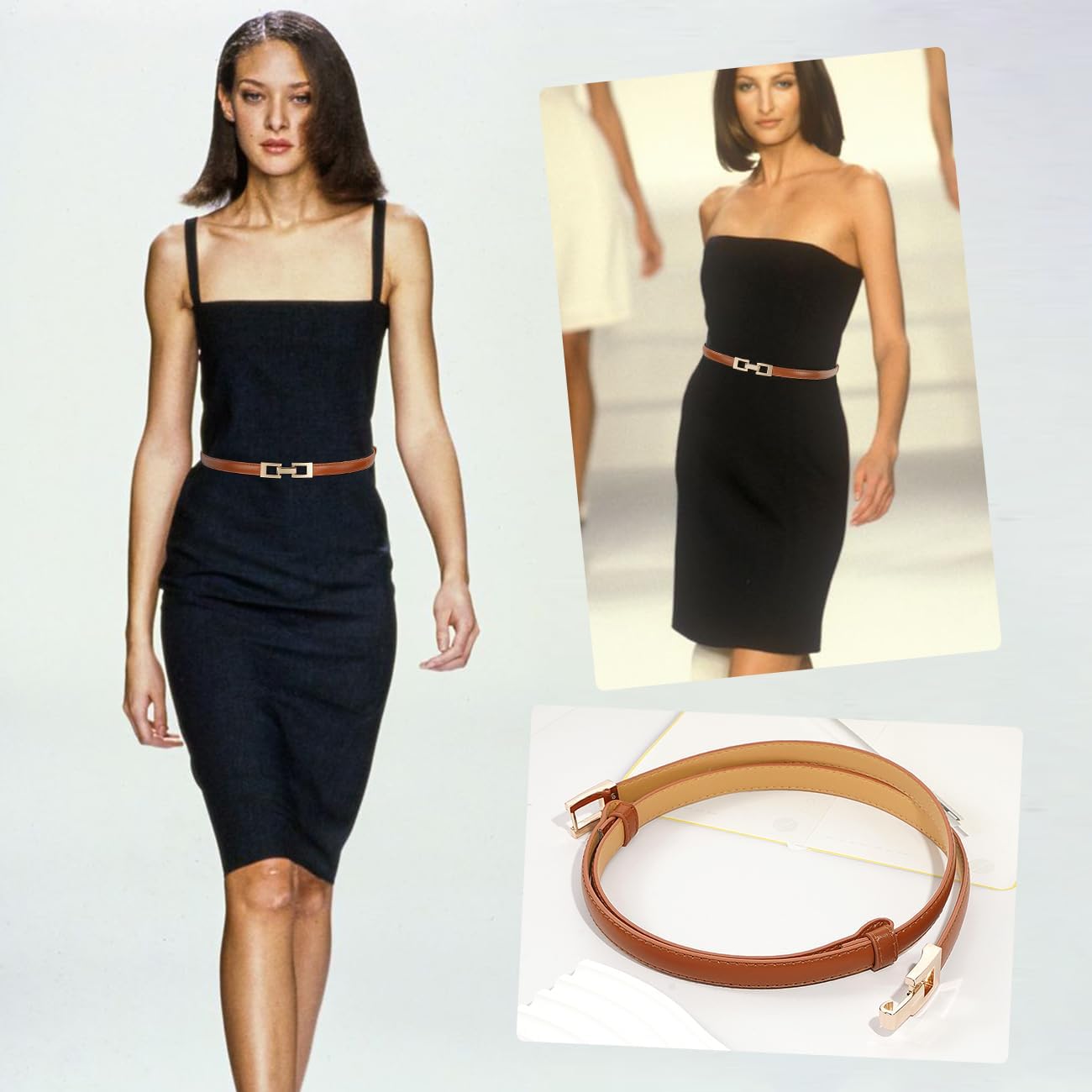 Glamorstar Skinny Belts for Women Thin PU Leather Waist Belt with Gold Buckle for Dresses