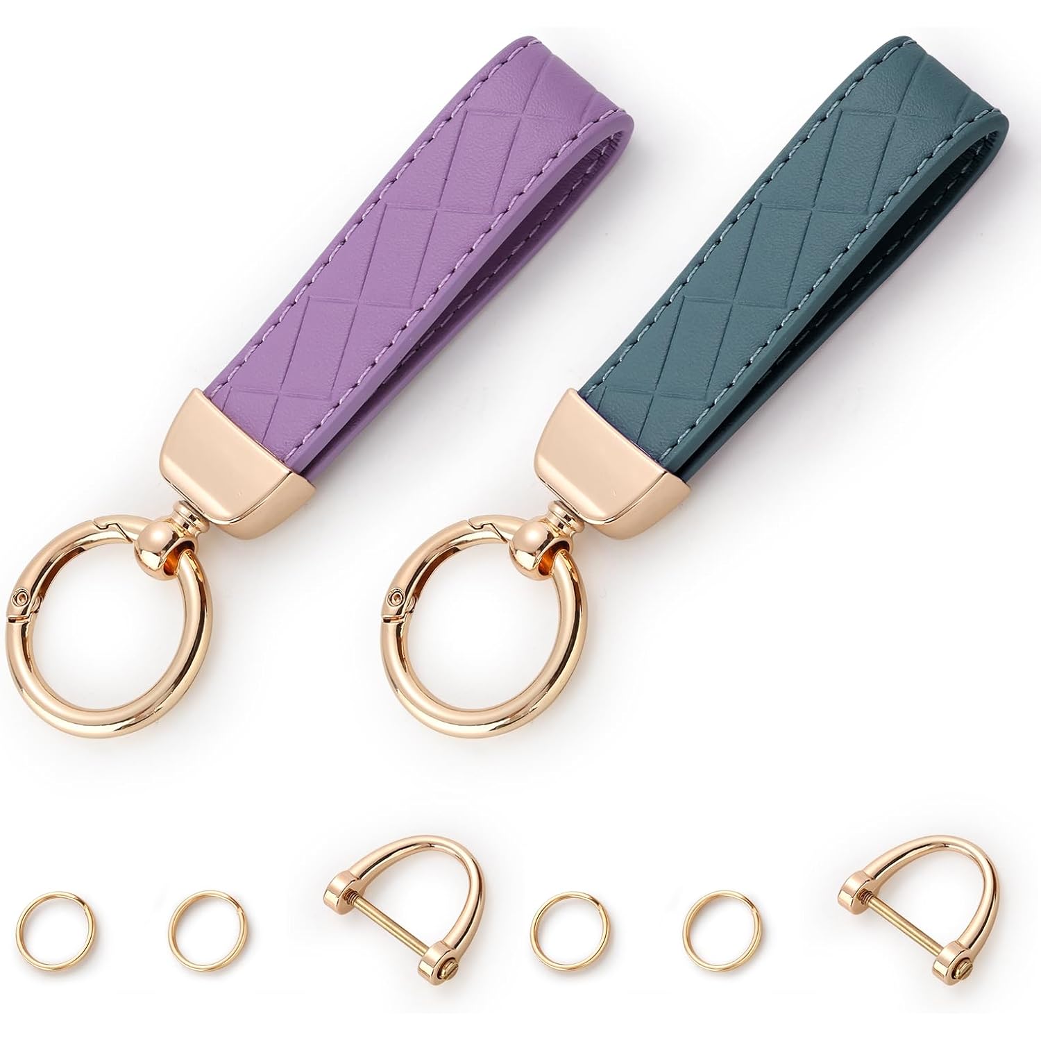 2 Pack Leather Keychains, Car Key chains for women men, Key Fob Holder with Keyrings, Anti-Lost D-Ring