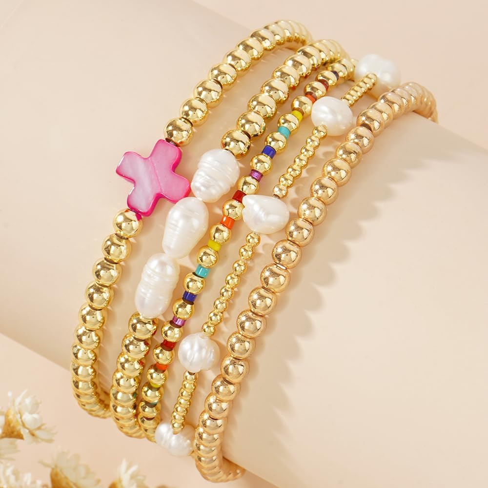 14K Gold Pearl Beaded Cross Bracelets Stack Set for Women,Stretch Boho Colorful Christian Beads Ball Jewelry Friendship Summer Trendy Gift