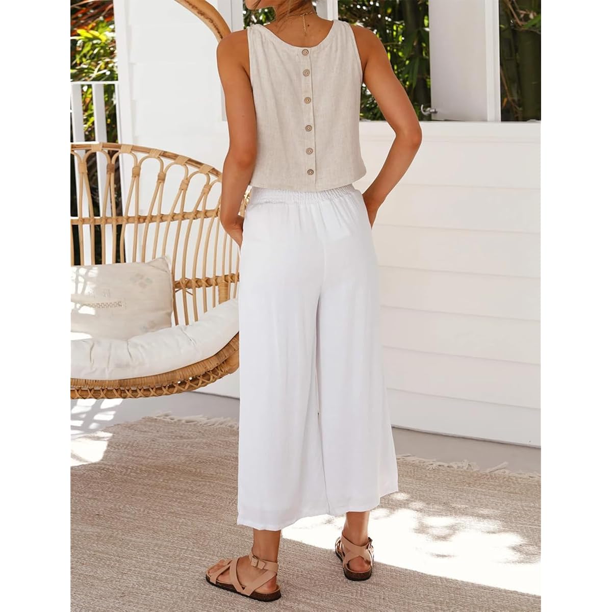 IDEALSANXUN Womens Linen Crop Tank Tops Cute Summer Sleeveless Cropped Linen Tops